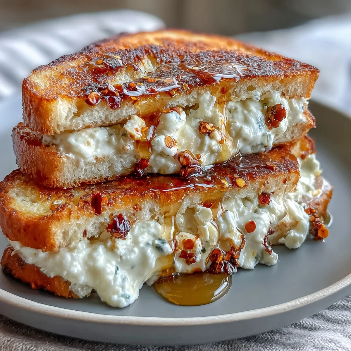 Close-up of a warm Goat Cheese Grilled Cheese with Honey & Chili Flakes, oozing with melted cheese and a honey drizzle.
