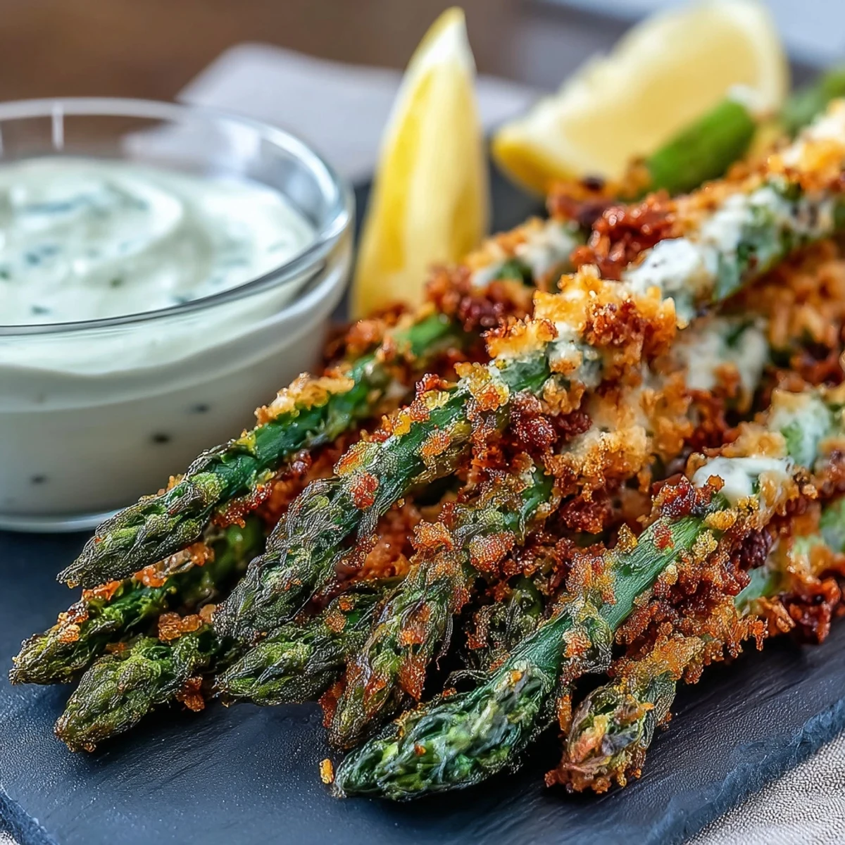 Golden-baked Crispy Asiago Asparagus Spears on a white plate with lemon wedges and parsley garnish.