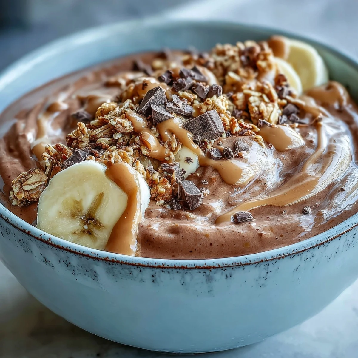 Rich chocolate peanut butter smoothie bowl topped with fresh banana slices, crunchy granola, and a dark chocolate drizzle.