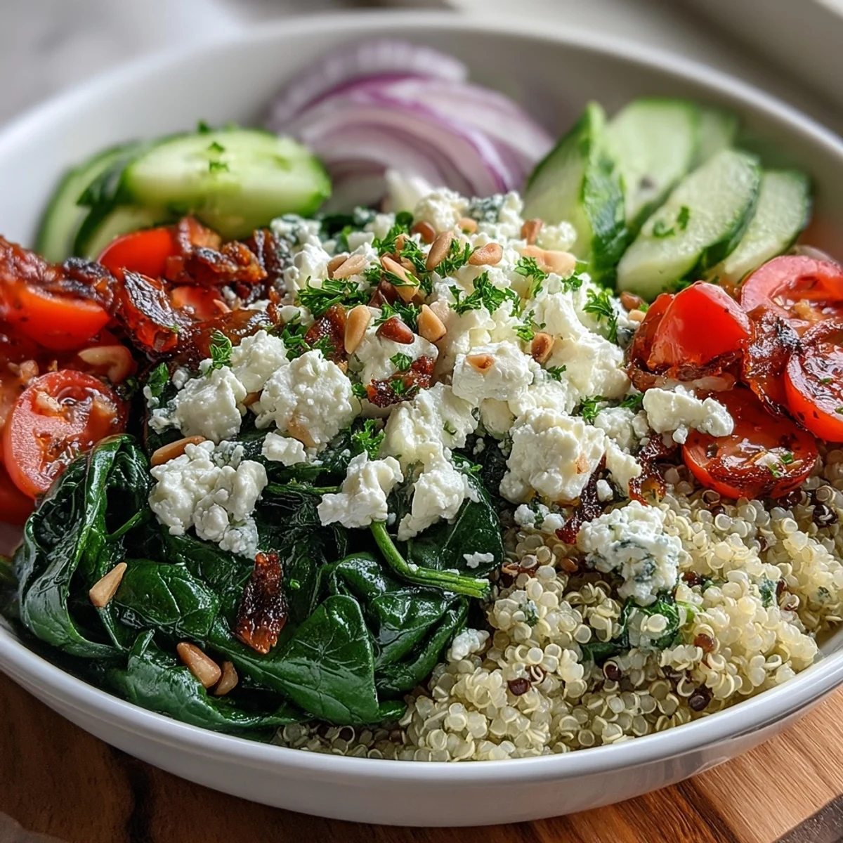 A vibrant Spinach and Feta Grain Bowl topped with toasted pine nuts, feta, and fresh parsley ready to serve.