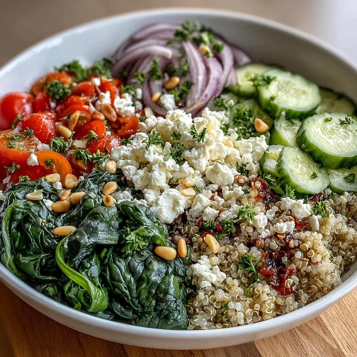 Close-up of a warm Spinach and Feta Grain Bowl with sautéed spinach, cherry tomatoes, cucumber, and a lemony dressing.