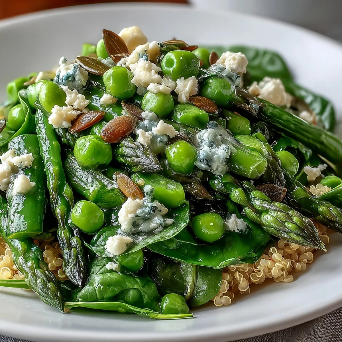 Overhead view of a wholesome Spring Green Bowl, featuring crisp green beans, leafy spinach, and a zesty lemon dressing.
