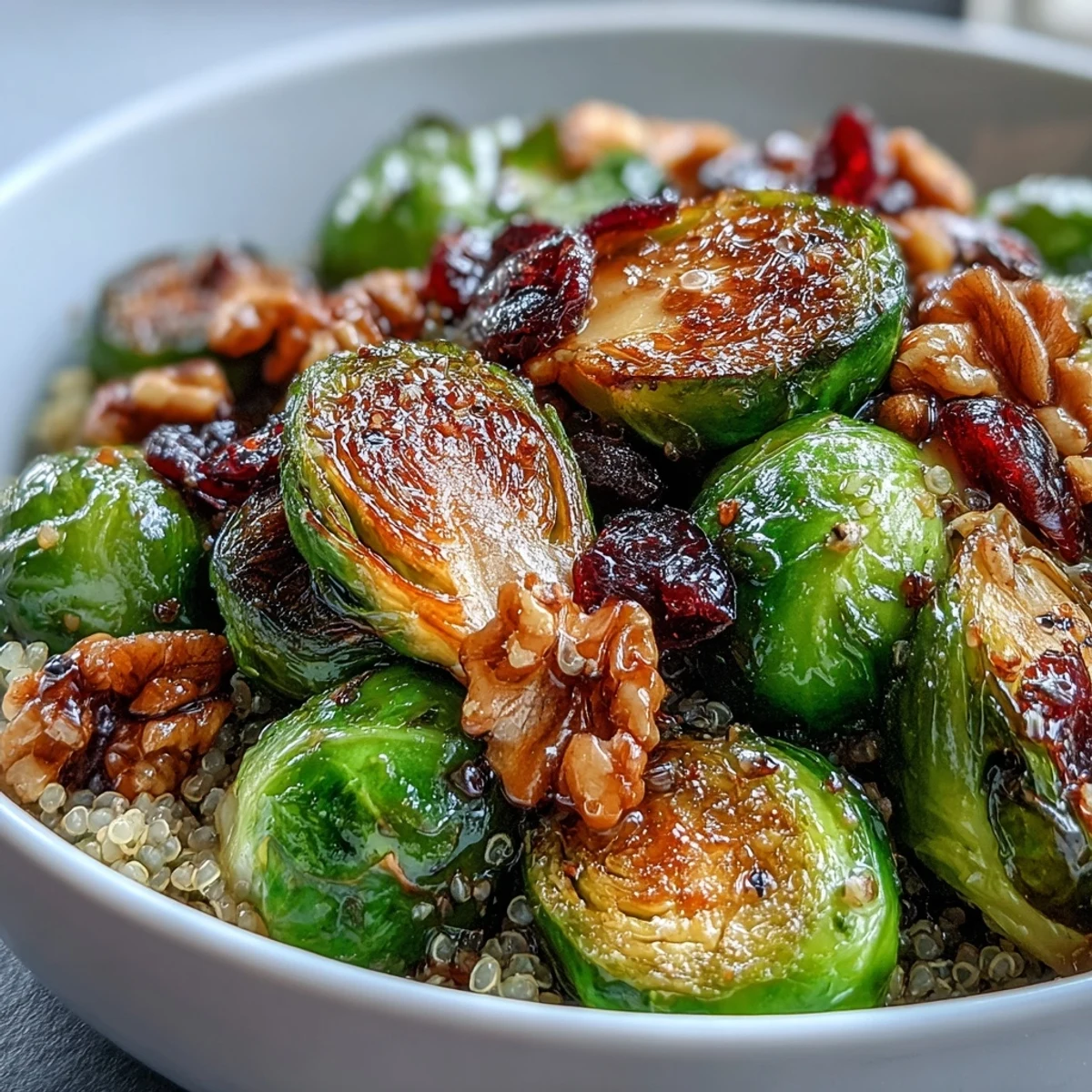 Golden roasted Brussels sprouts and red onions rest on fluffy quinoa in a hearty Roasted Brussels Sprouts Bowl.