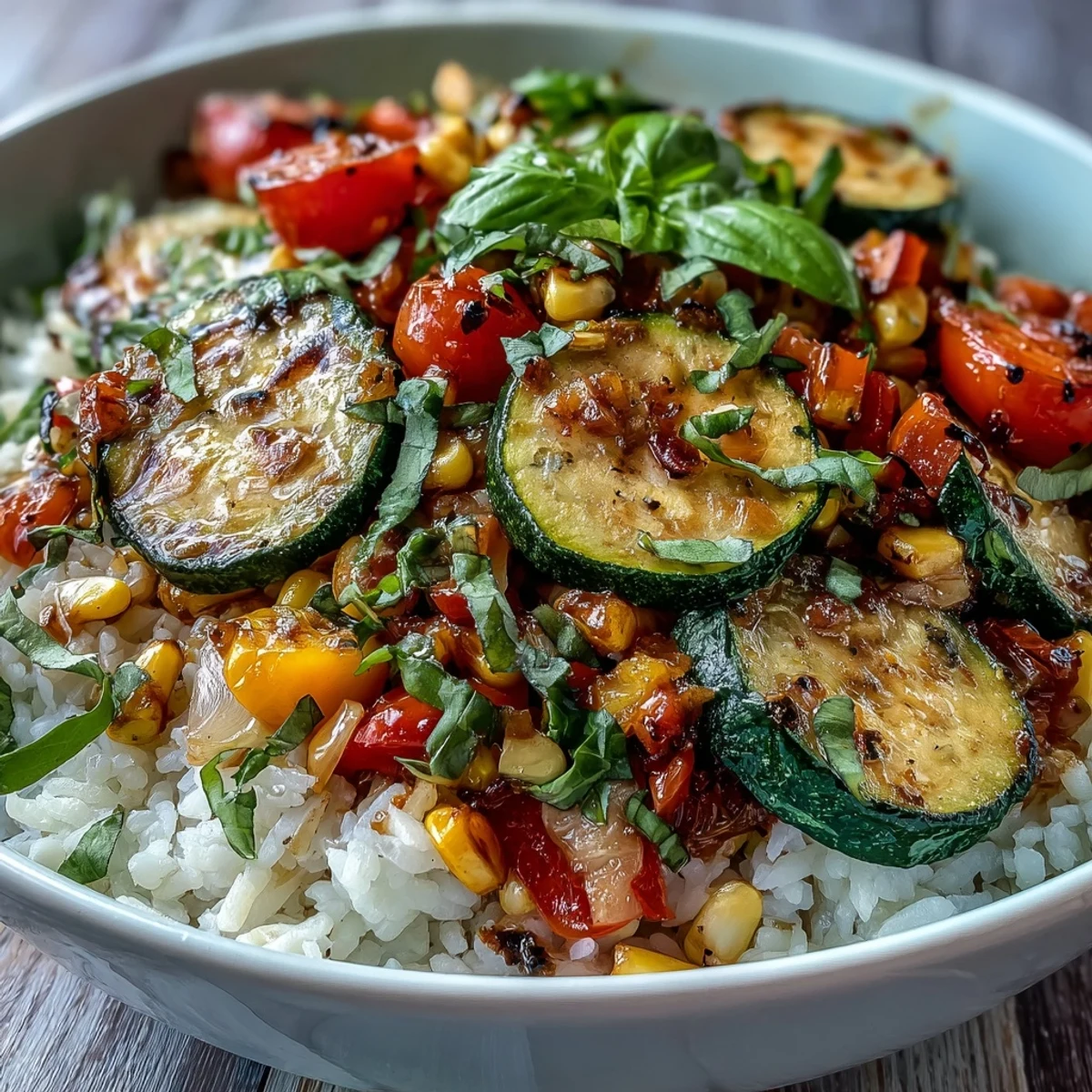 Freshly cooked Summer Vegetable Bowl with golden zucchini and sweet corn, drizzled with olive oil and lemon juice.