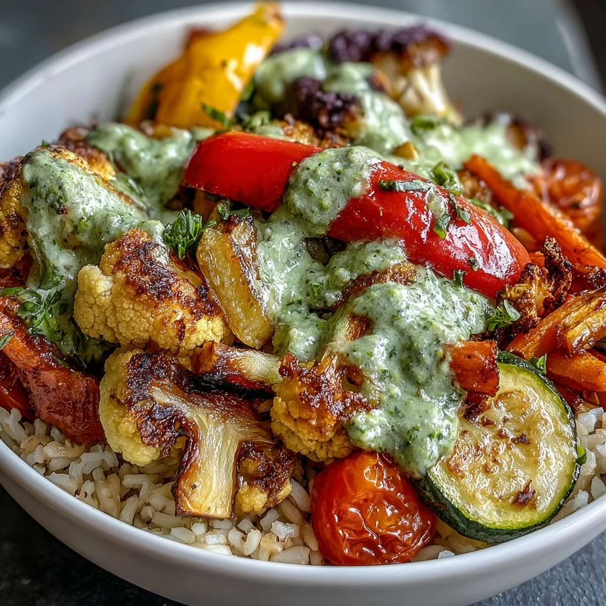 Vibrant Rainbow Roasted Vegetable Bowl with multi-colored veggies on fluffy brown rice, drizzled with fresh green herb sauce.