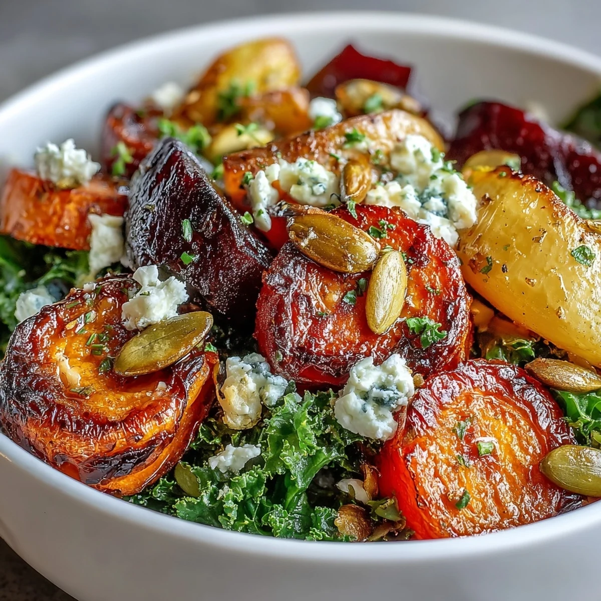 Roasted Winter Root Vegetable Bowl with kale, pepitas, and feta, drizzled with tangy warm dressing.