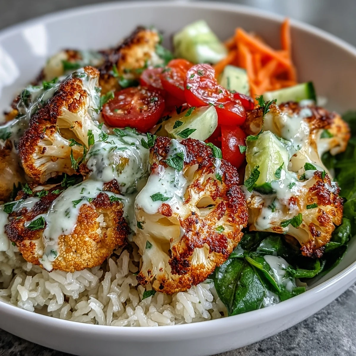 Golden herb-roasted cauliflower on fluffy rice with fresh veggies and zesty tahini sauce in a Roasted Cauliflower Bowl.