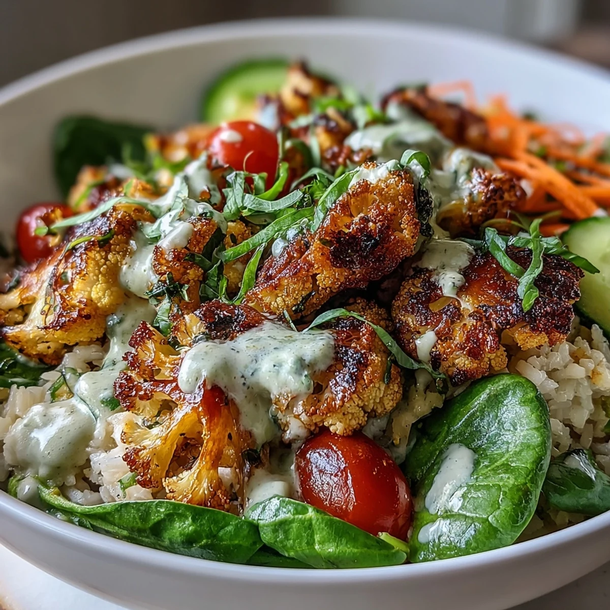 Vibrant vegetarian dinner bowl with smoky Roasted Cauliflower Bowl over greens, cucumbers, carrots, and a creamy lemon-tahini drizzle.