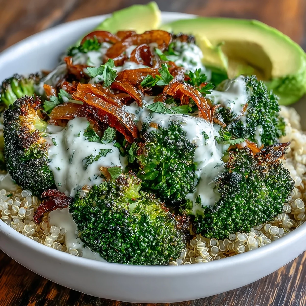 Golden roasted broccoli florets and red onion slices piled high over fluffy quinoa in a ceramic bowl.