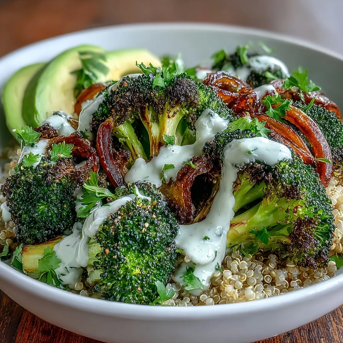 Roasted Broccoli Bowl garnished with fresh parsley, sesame seeds, and lemon wedges on a rustic table.