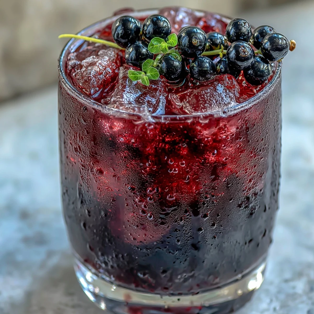 Bright purple Black Currant Shrub with fresh berries and apple cider vinegar, ideal for a refreshing vegan mocktail.