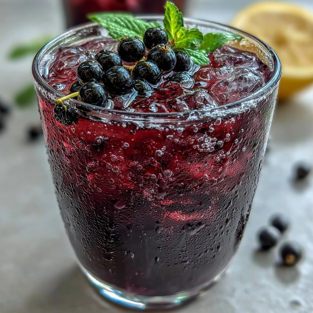 A jar of homemade Black Currant Shrub syrup next to ripe berries and a glass of sparkling water.