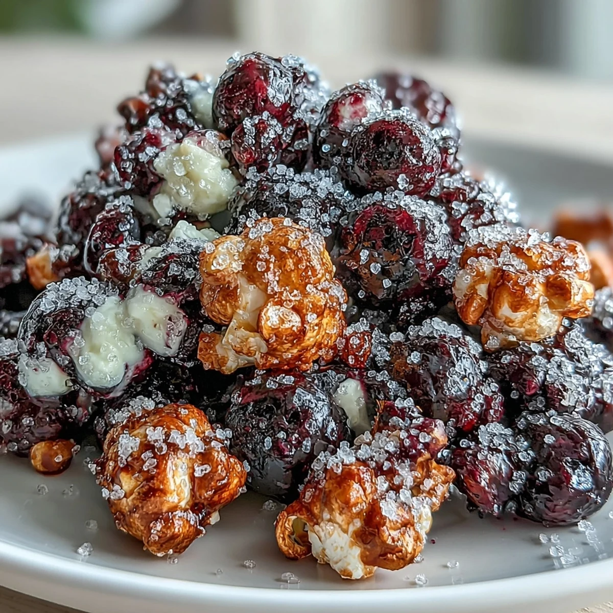 Scoop of Black Currant Cheesecake Kettle Corn spilling from a bowl, showcasing vibrant purple powder coating the glossy kernels.