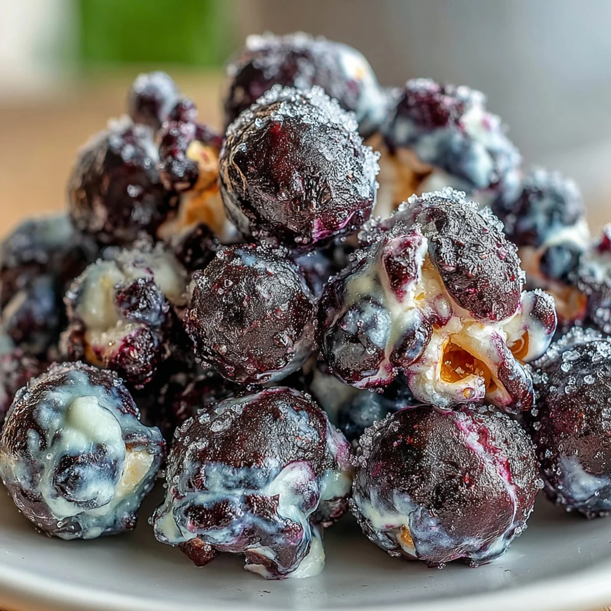 Freshly tossed Black Currant Cheesecake Kettle Corn spilling from a rustic ceramic bowl with a wooden scoop.