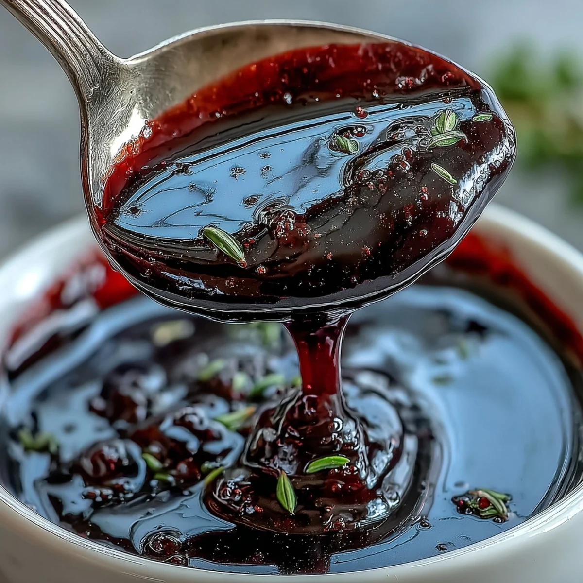 Spoon drizzling sweet Black Currant Glaze over roasted root vegetables, making them sticky and caramelized.