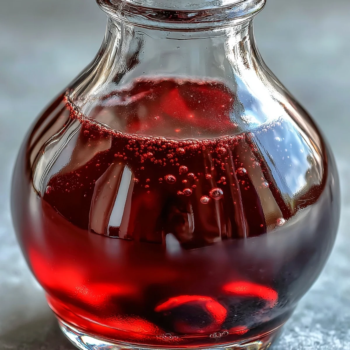 Homemade Crème de Cassis liqueur darkening in a sterilized glass jar with crushed blackcurrants and sugar.