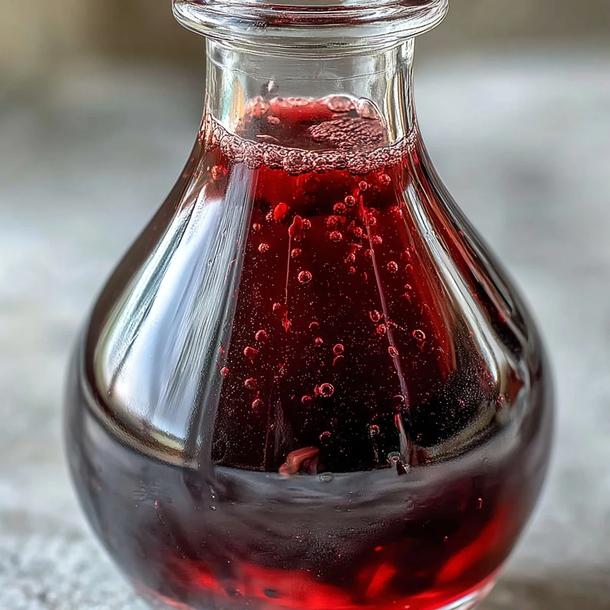 Crystal-clear Crème de Cassis being poured from a fine mesh sieve into a sterilized bottle.