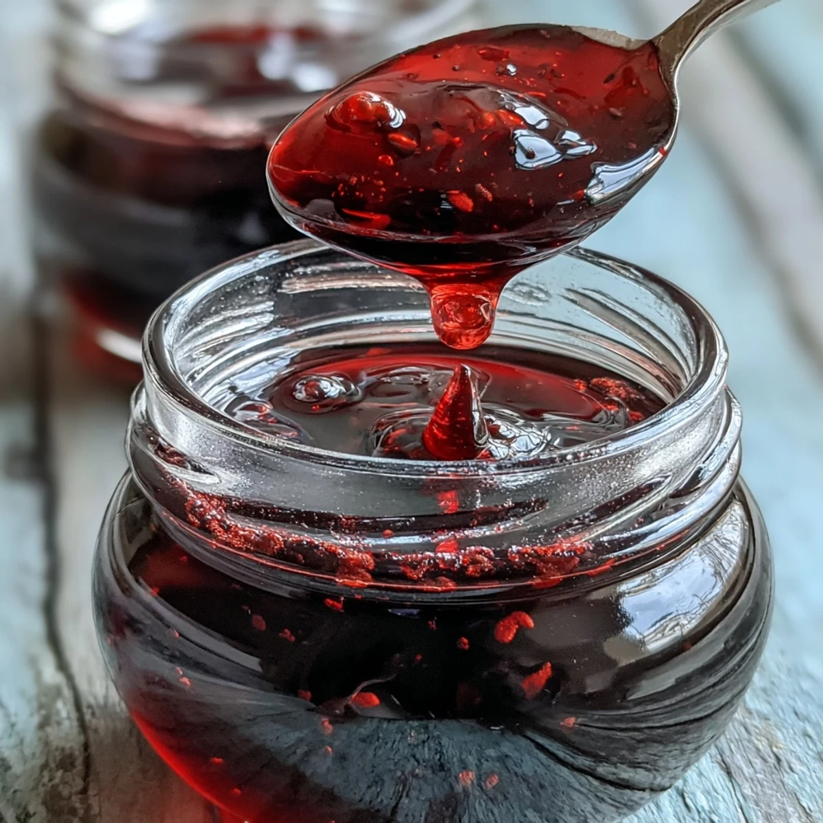 Vibrant Black Currant Jelly in a glass jar, topped on a warm biscuit with steam rising.