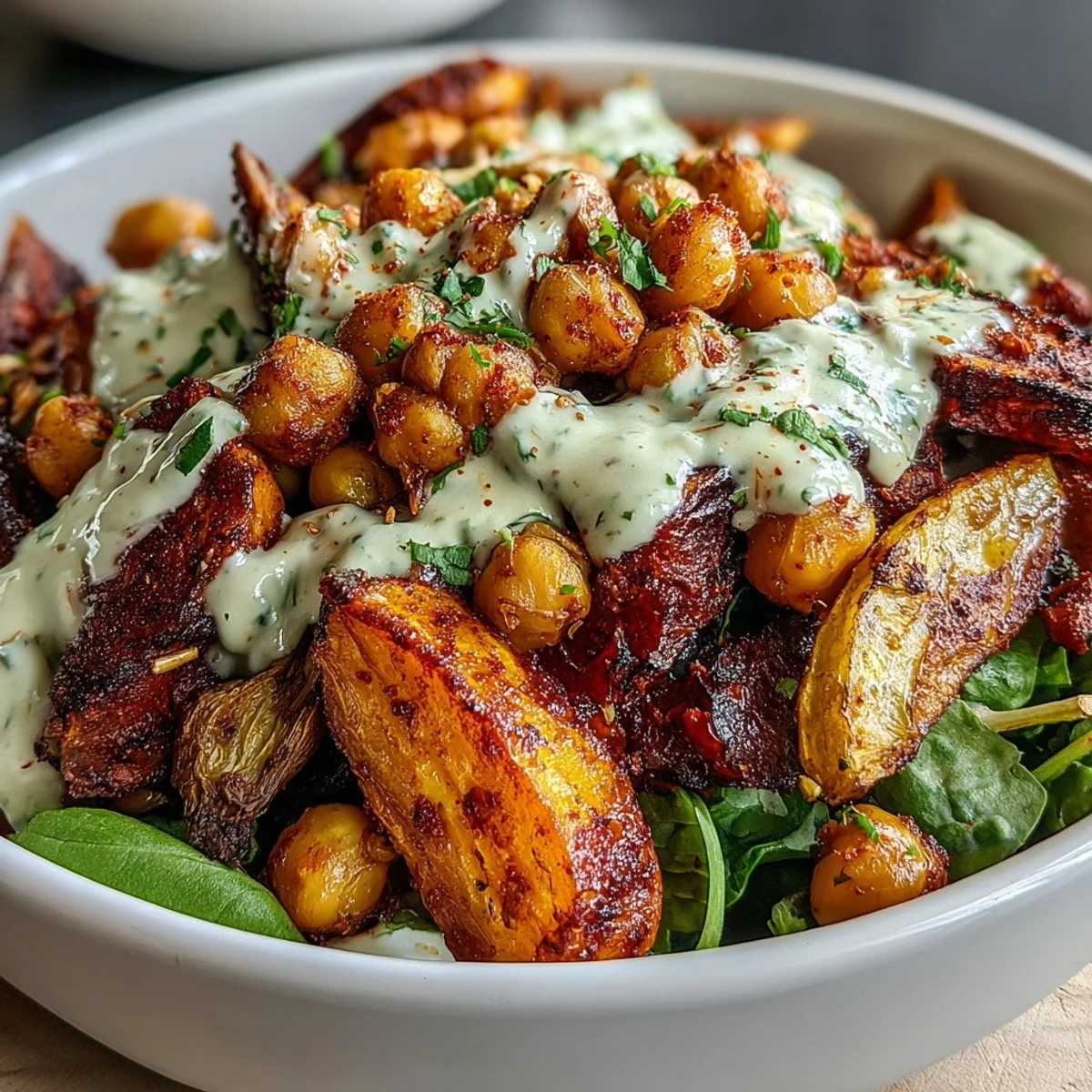 Golden roasted carrots and crispy chickpeas for a One-Pan Roasted Carrot and Chickpea Bowl, topped with creamy lemon-tahini dressing.