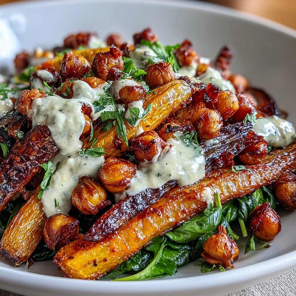 Serve this vegan One-Pan Roasted Carrot and Chickpea Bowl with a drizzle of tahini dressing and fresh herbs for a colorful meal.