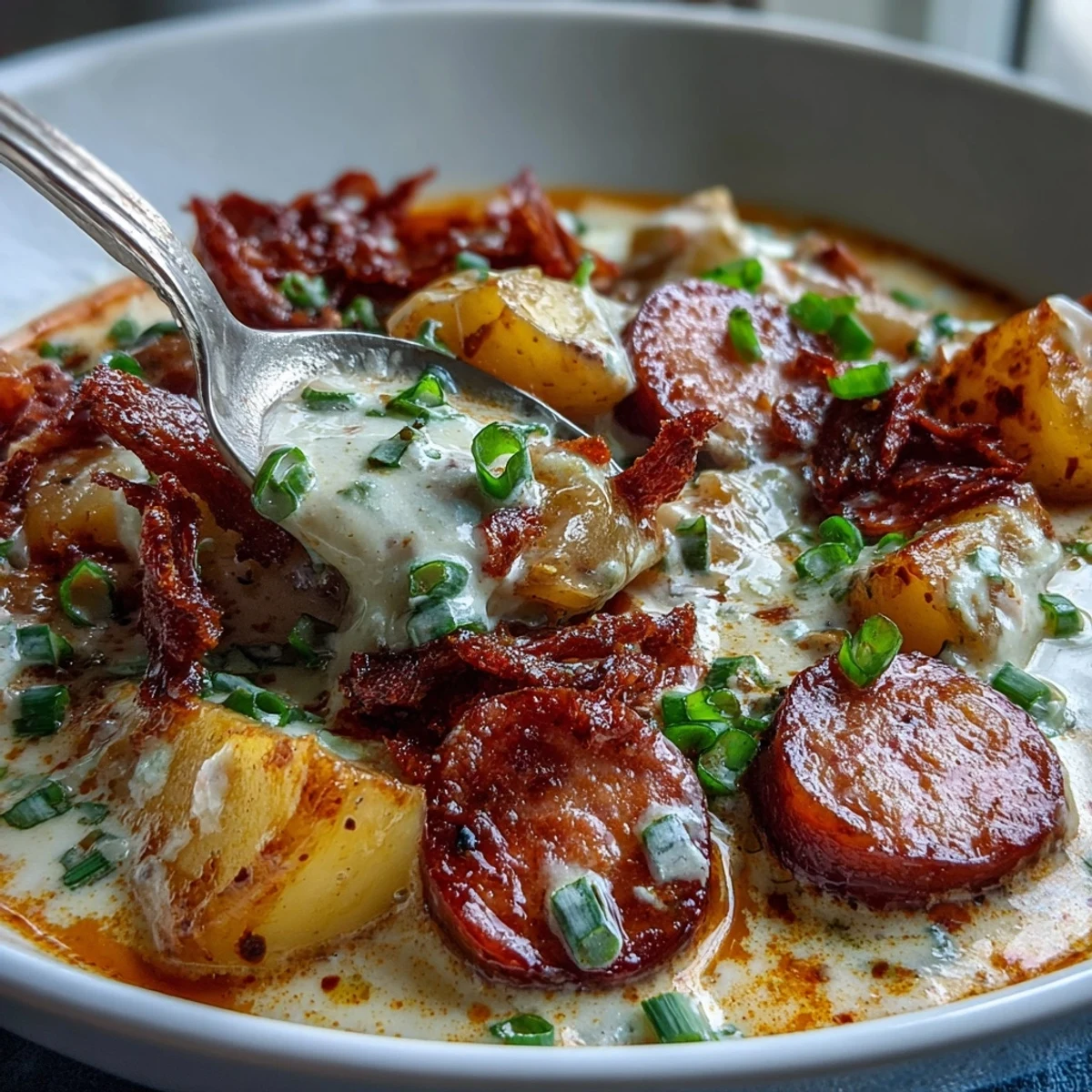 Creamy Cajun Potato Soup with Andouille Sausage garnished with green onions in a rustic bowl.
