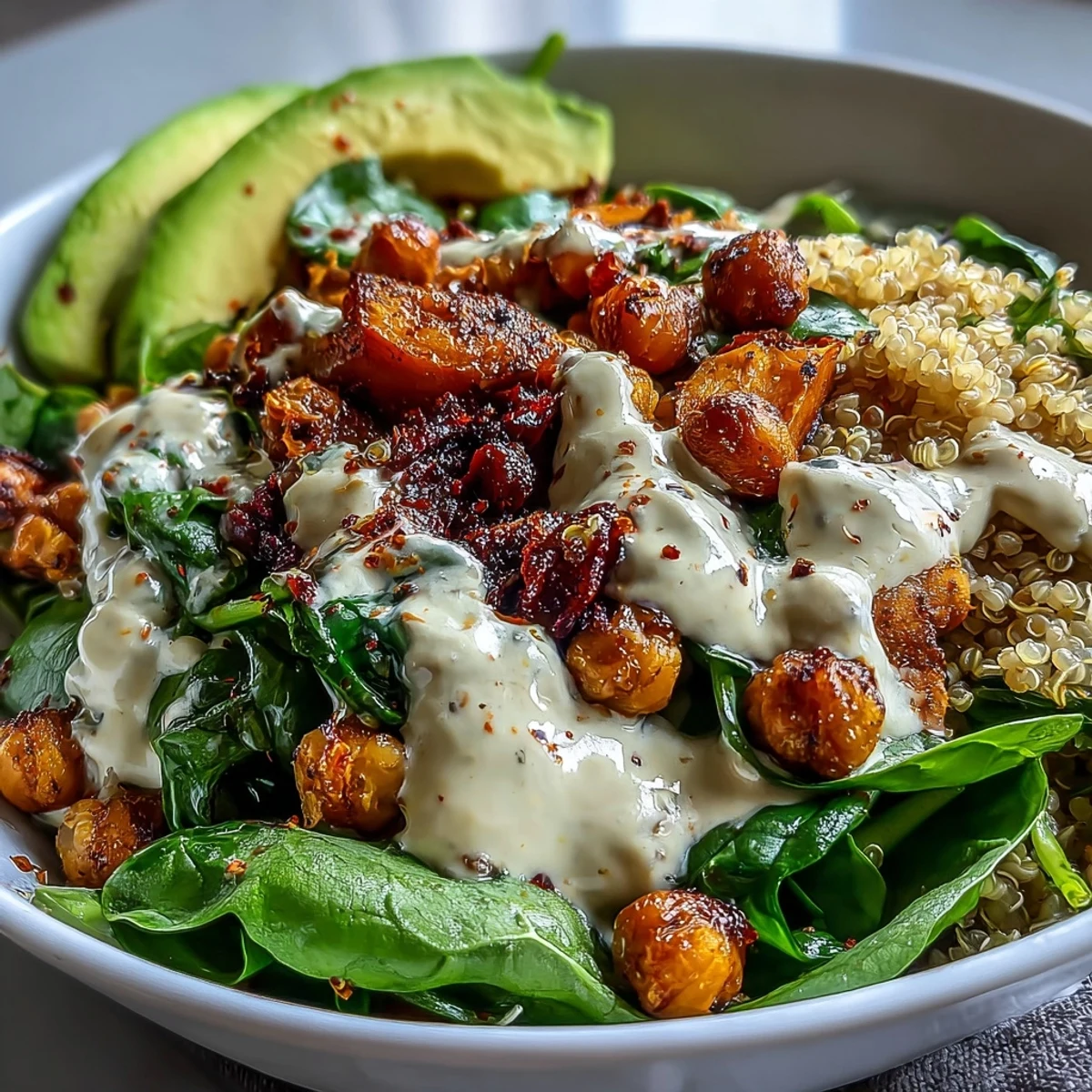 A vibrant Anti-Inflammatory Glow Bowl topped with creamy tahini yogurt sauce, roasted sweet potatoes, and crispy chickpeas.