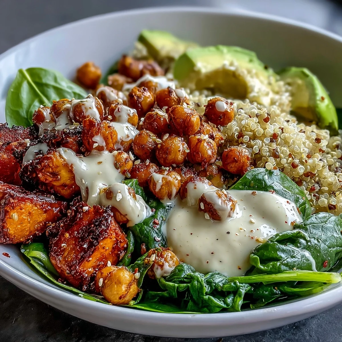 Colorful Anti-Inflammatory Glow Bowl with fresh spinach, sliced avocado, and fluffy quinoa, ready for a nourishing vegetarian meal.
