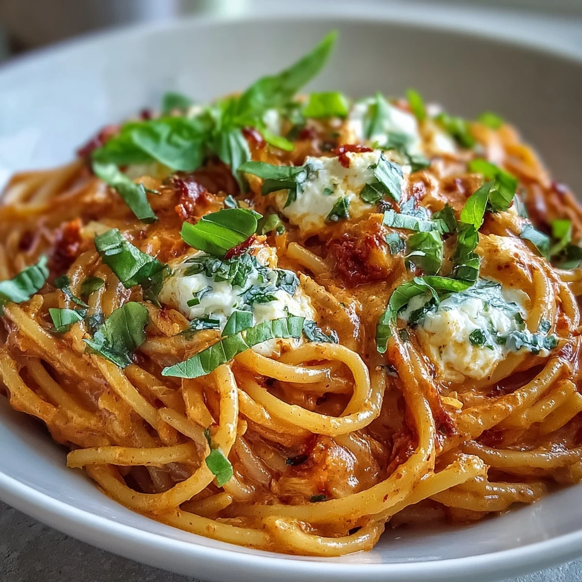Creamy Red Pepper Pasta with Burrata & Herbs in a white bowl, with glossy roasted red pepper sauce clinging to strands of spaghetti and torn burrata melting on top.