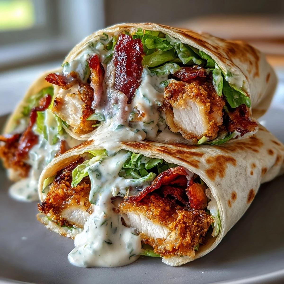 Golden-brown crispy chicken thighs and smoky bacon slices lay inside a soft flour tortilla with Caesar-dressed romaine.