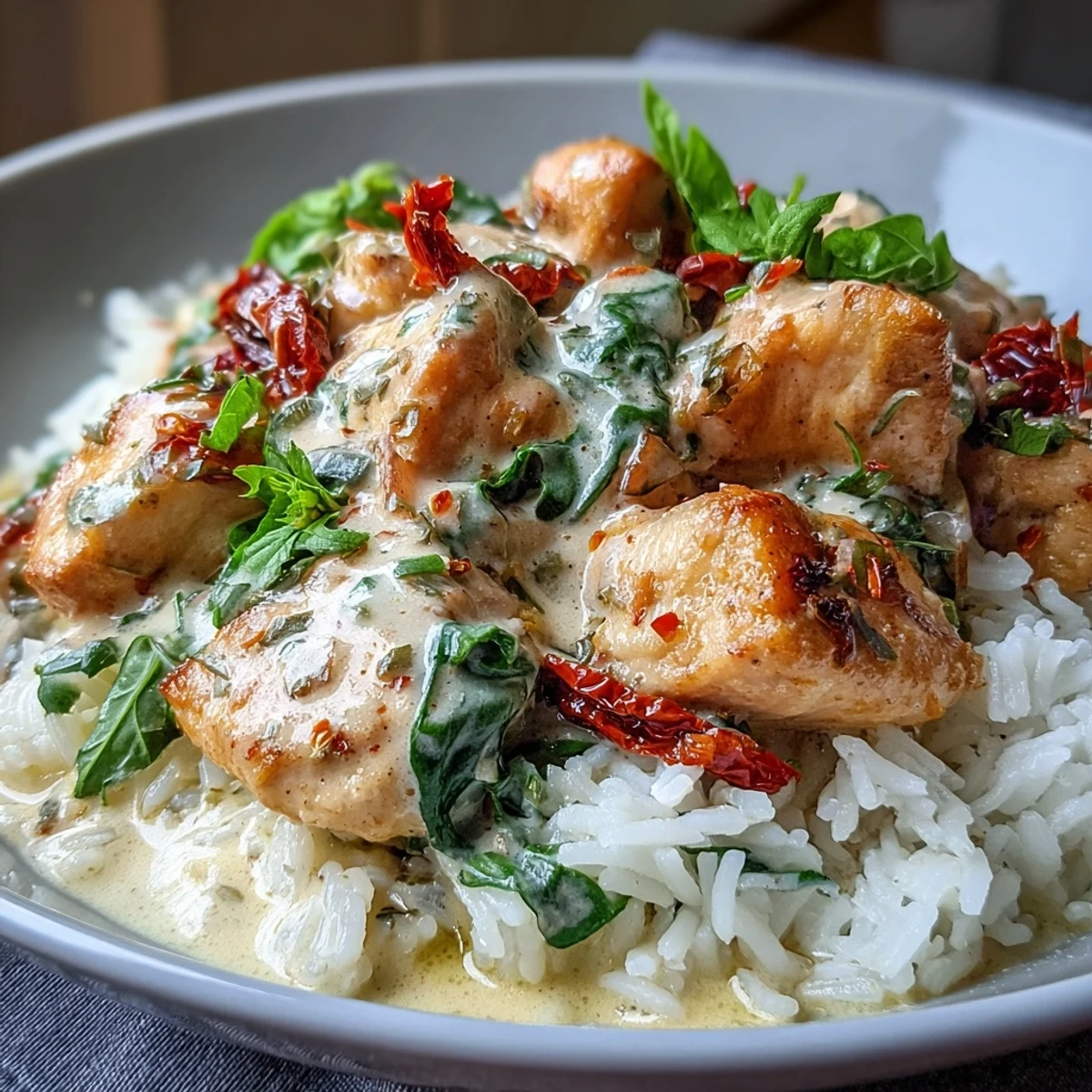 Creamy Tuscan Chicken Rice Skillet steaming in a cast iron pan, showing fluffy rice coated in garlic cream sauce with vibrant red tomatoes and greens.