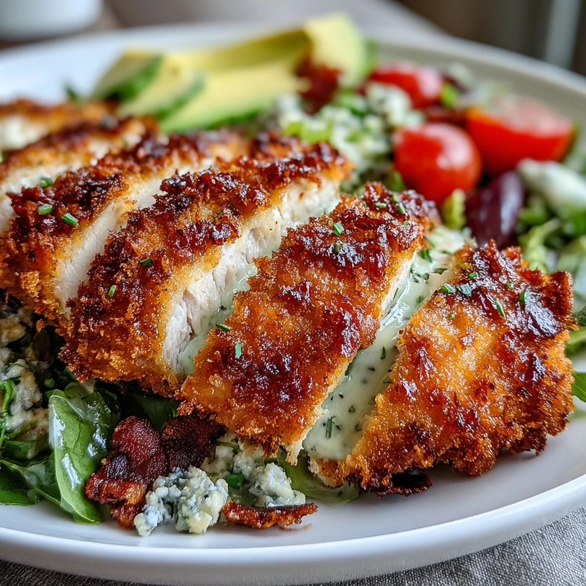 Crispy Parmesan Crusted Chicken served on a platter with colorful tomato, cucumber, and egg sections for a classic Cobb.