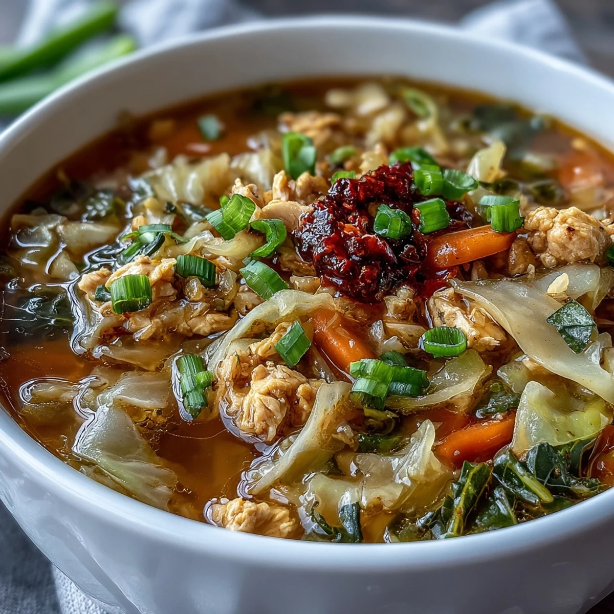 Hearty Egg Roll Soup with Chicken & Cabbage ladled into a white bowl, ready to enjoy with chopsticks.