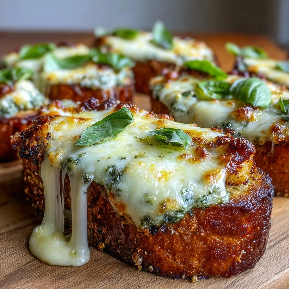 Cheesy Pesto Chicken Garlic Bread Boats stuffed with juicy chicken and herbs, plated with marinara for dipping.