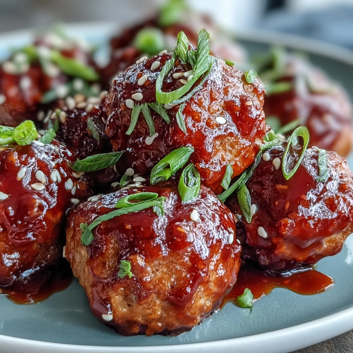 Glazed Spicy Chili Honey Turkey Meatballs shine on a baking sheet with fresh green onions and sesame seeds for a game day appetizer.