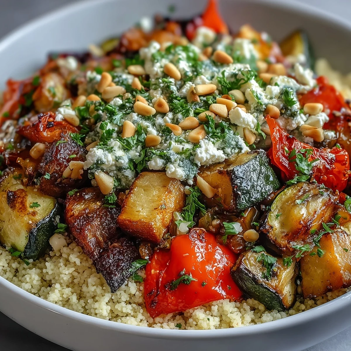 A close-up view of a savory Mediterranean Roasted Veggie & Feta Couscous Bake fresh from the oven, showing melty golden cheese.