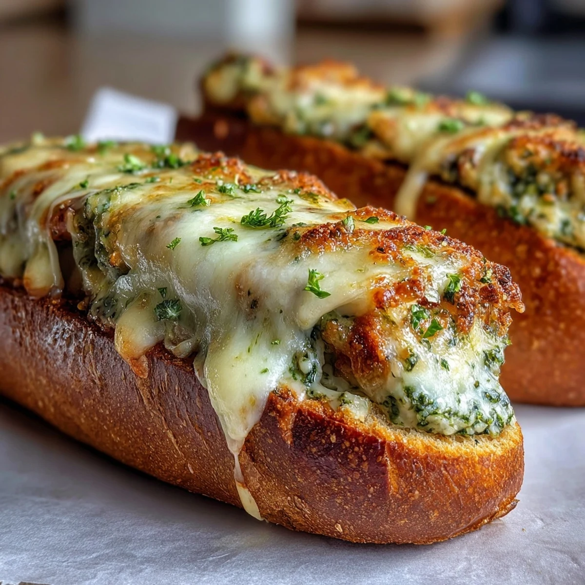 Two halves of Pesto Chicken Garlic Bread Boats stuffed with pesto chicken and mozzarella.