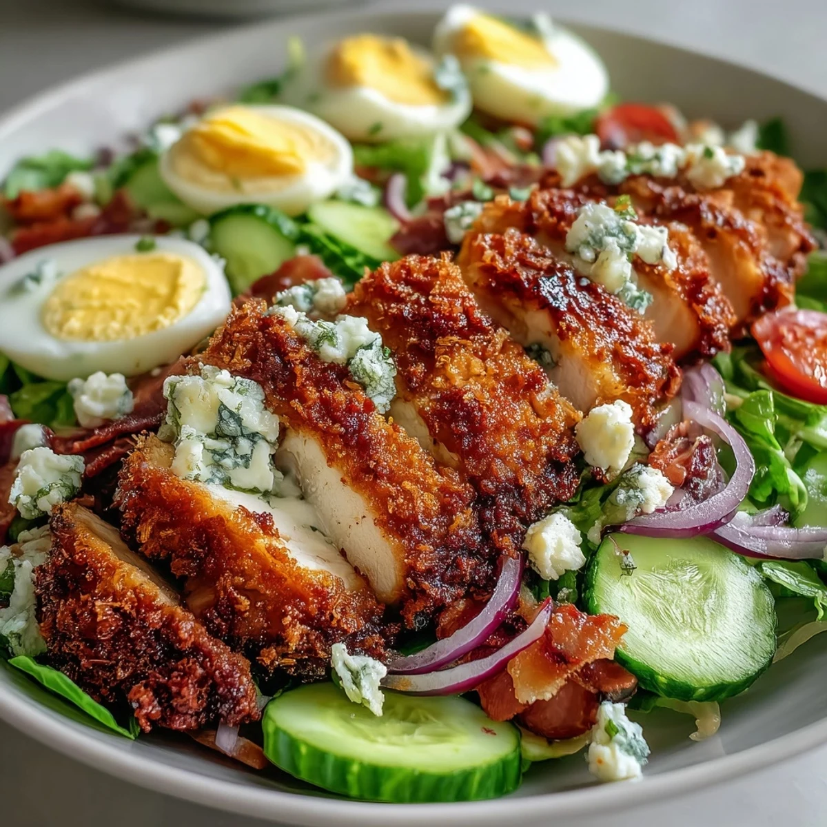 Freshly baked Parmesan Crusted Chicken Cobb Salad with golden crispy sliced chicken thighs over a vibrant bed of greens, eggs, and bacon.