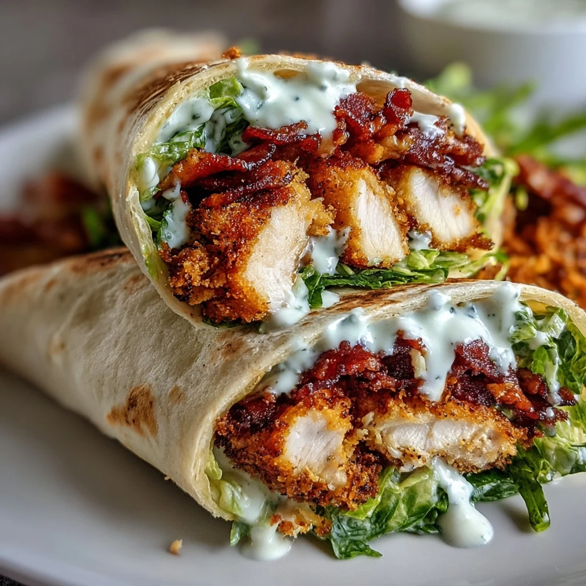 Golden-brown Crispy Chicken Bacon Caesar Wraps stuffed with romaine and creamy dressing.