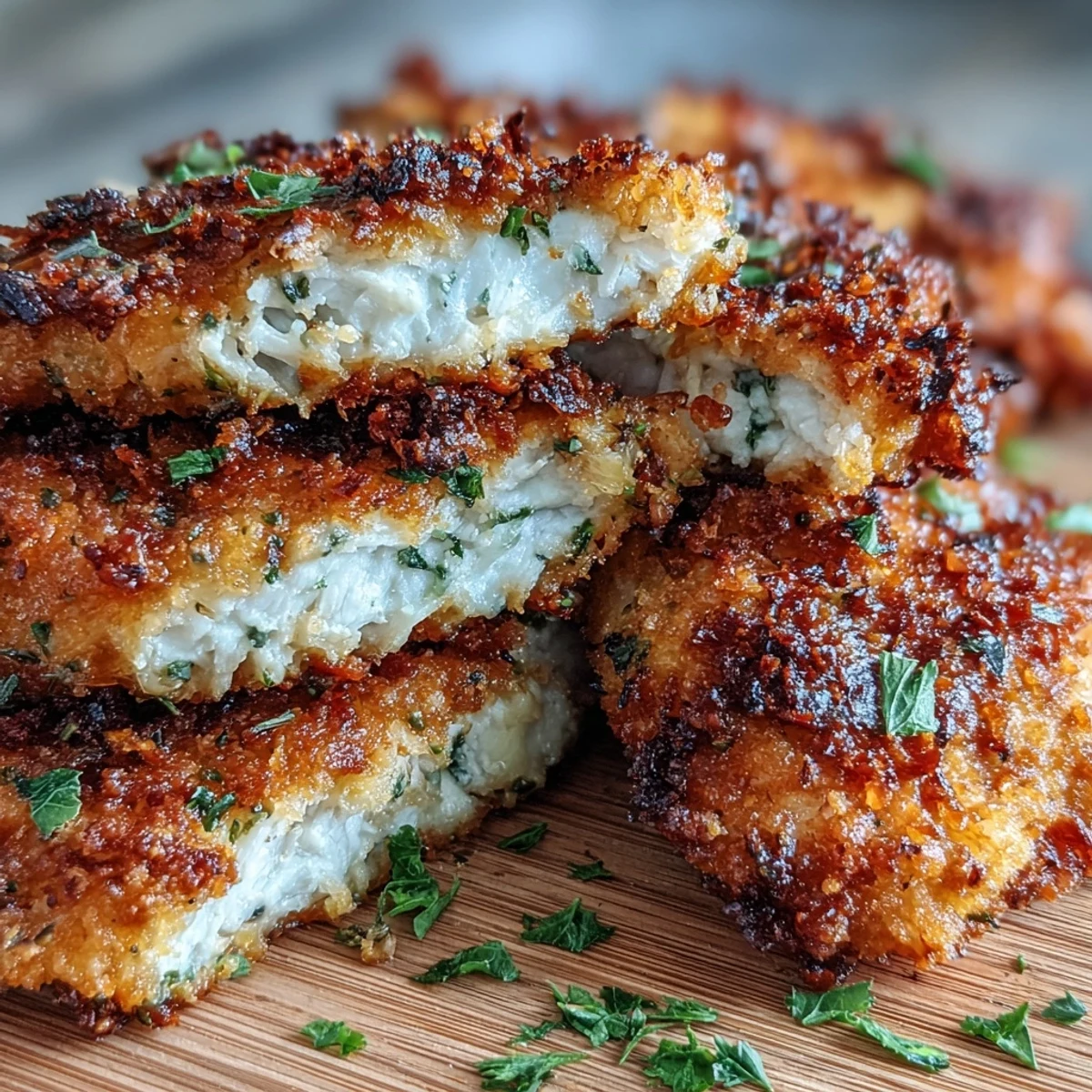 Close-up of Crispy Panko Ranch Chicken Tenders showing a crunchy golden panko crust and fresh parsley garnish.
