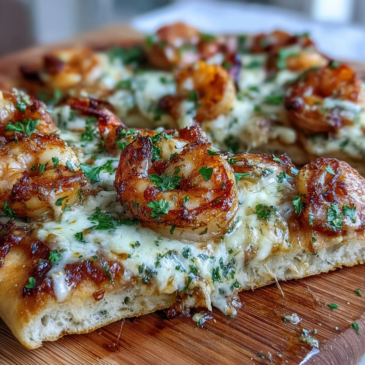 Golden Garlic Butter Shrimp Naan Pizzas fresh from the broiler, with bubbly mozzarella and a garnish of fresh parsley.