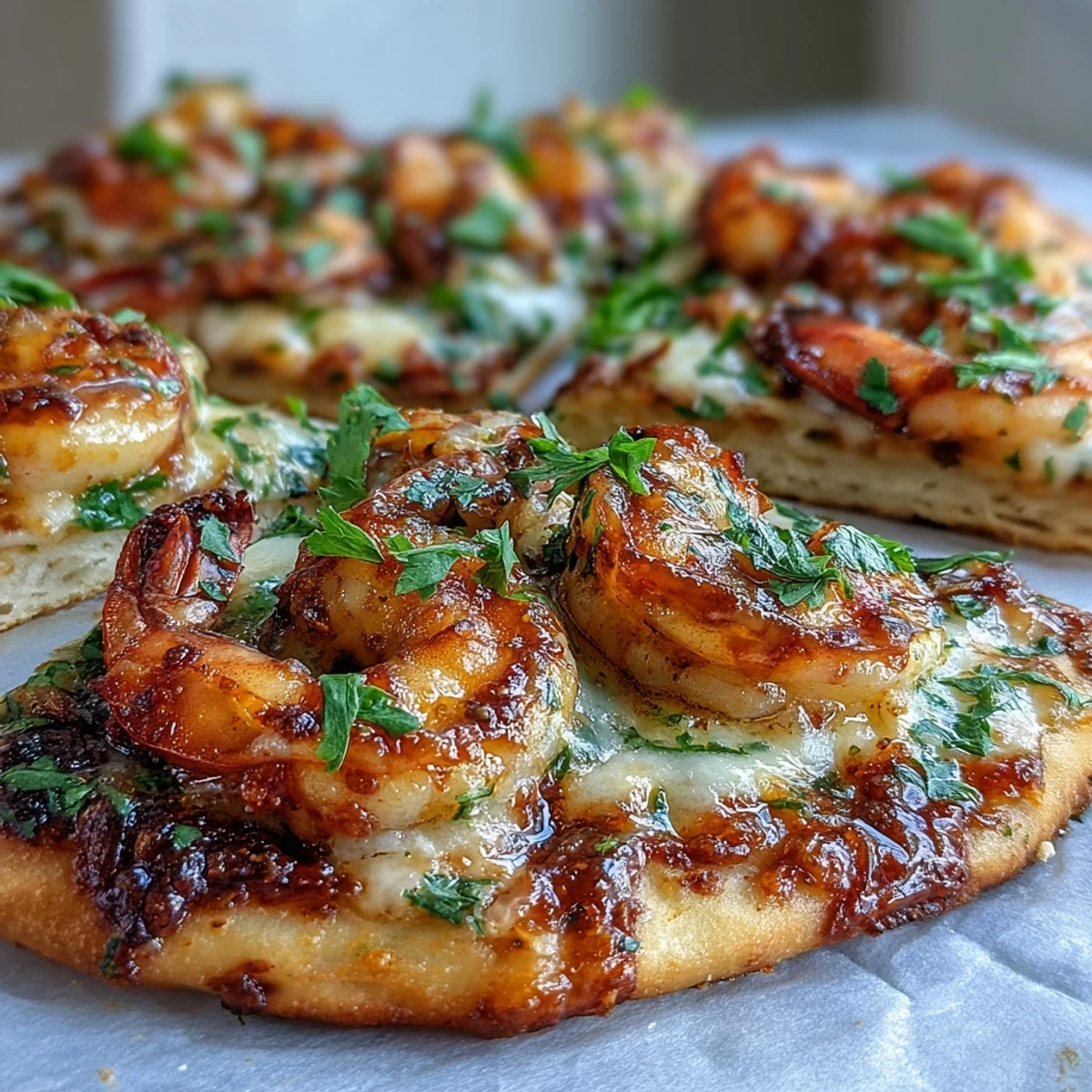 Close-up of a Garlic Butter Shrimp Naan Pizza showing melted cheese and golden edges, ready to be served.