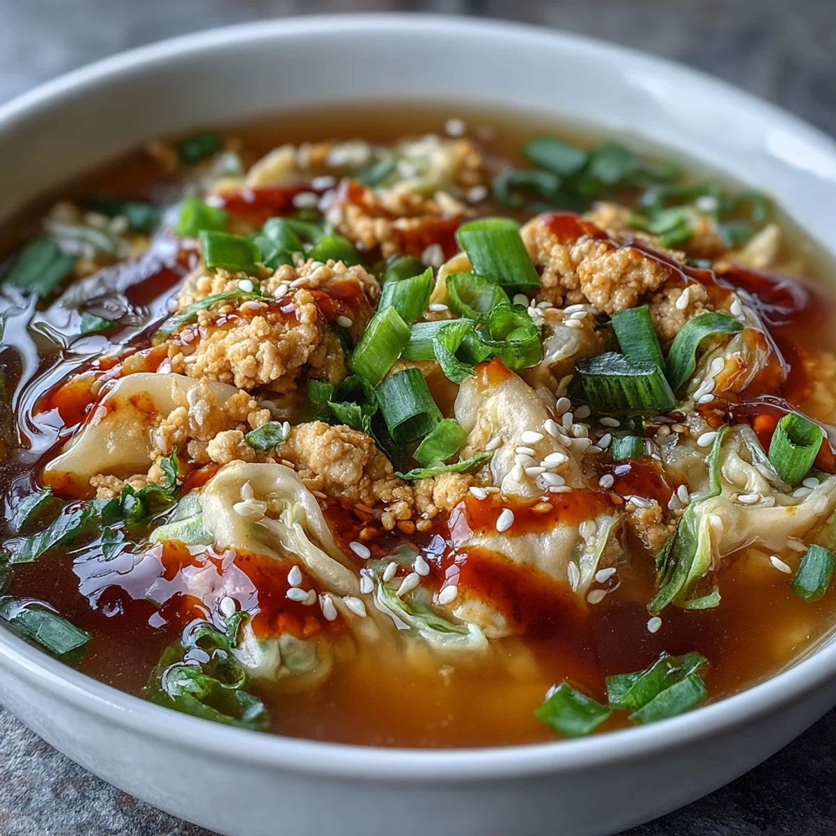 Steaming bowl of Egg Roll Soup with Chicken & Cabbage, topped with fresh green onions and chili crisp.