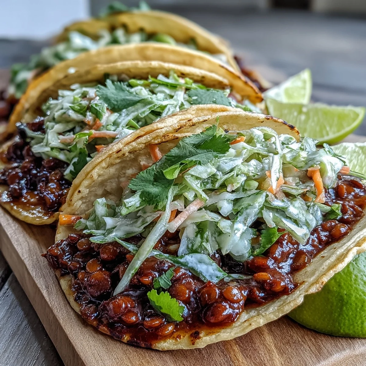 Freshly warmed tortillas are filled with smoky Vegan BBQ Lentil Tacos and topped with a crisp, colorful cabbage slaw and fresh cilantro.
