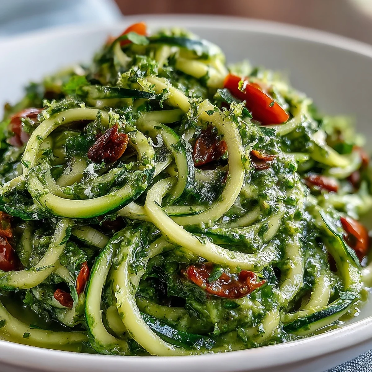 A close-up of vibrant green zucchini noodles tossed with dairy-free pesto made from toasted pumpkin seeds and lemon.