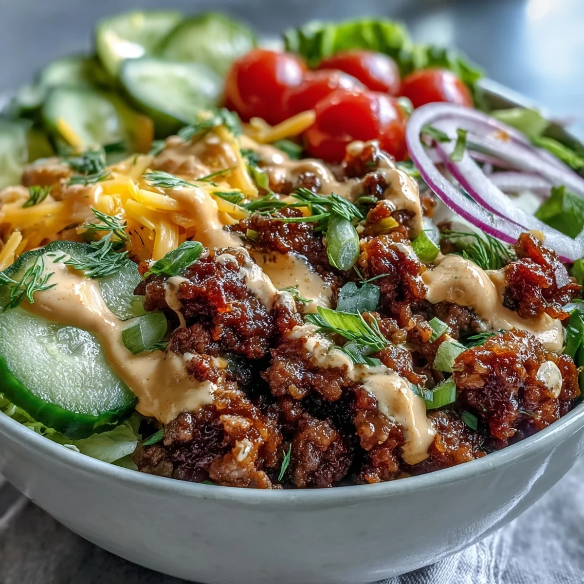Savory High-Protein Cheeseburger Bowls topped with juicy tomatoes and onions, served low-carb with a rich, homemade burger-style sauce.