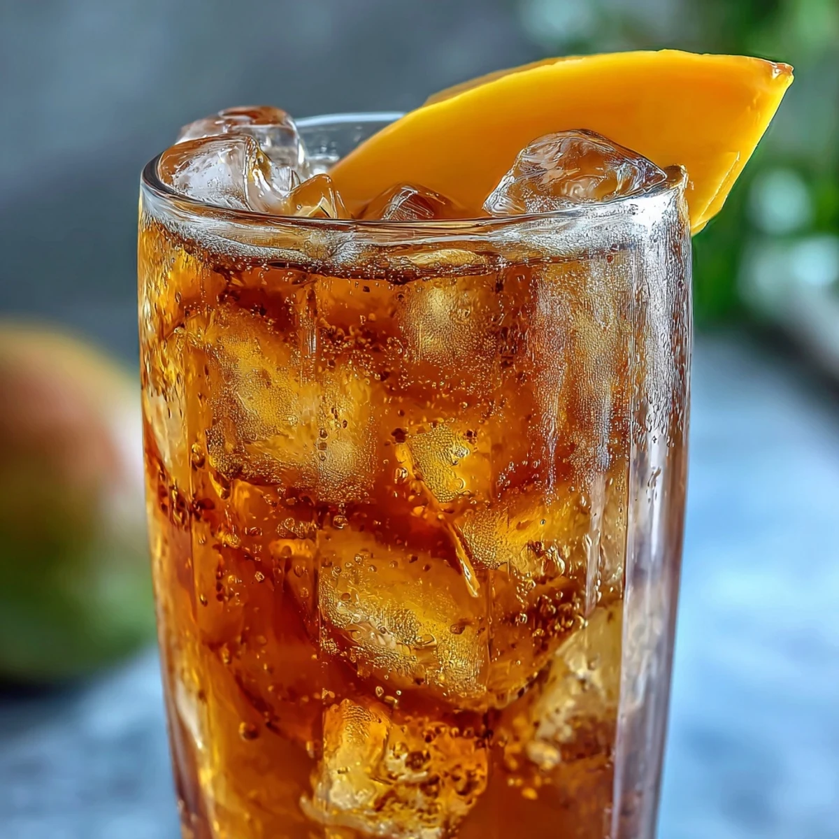 A tall glass filled with chilled mango iced tea, garnished with fresh mango slices and ice cubes.  