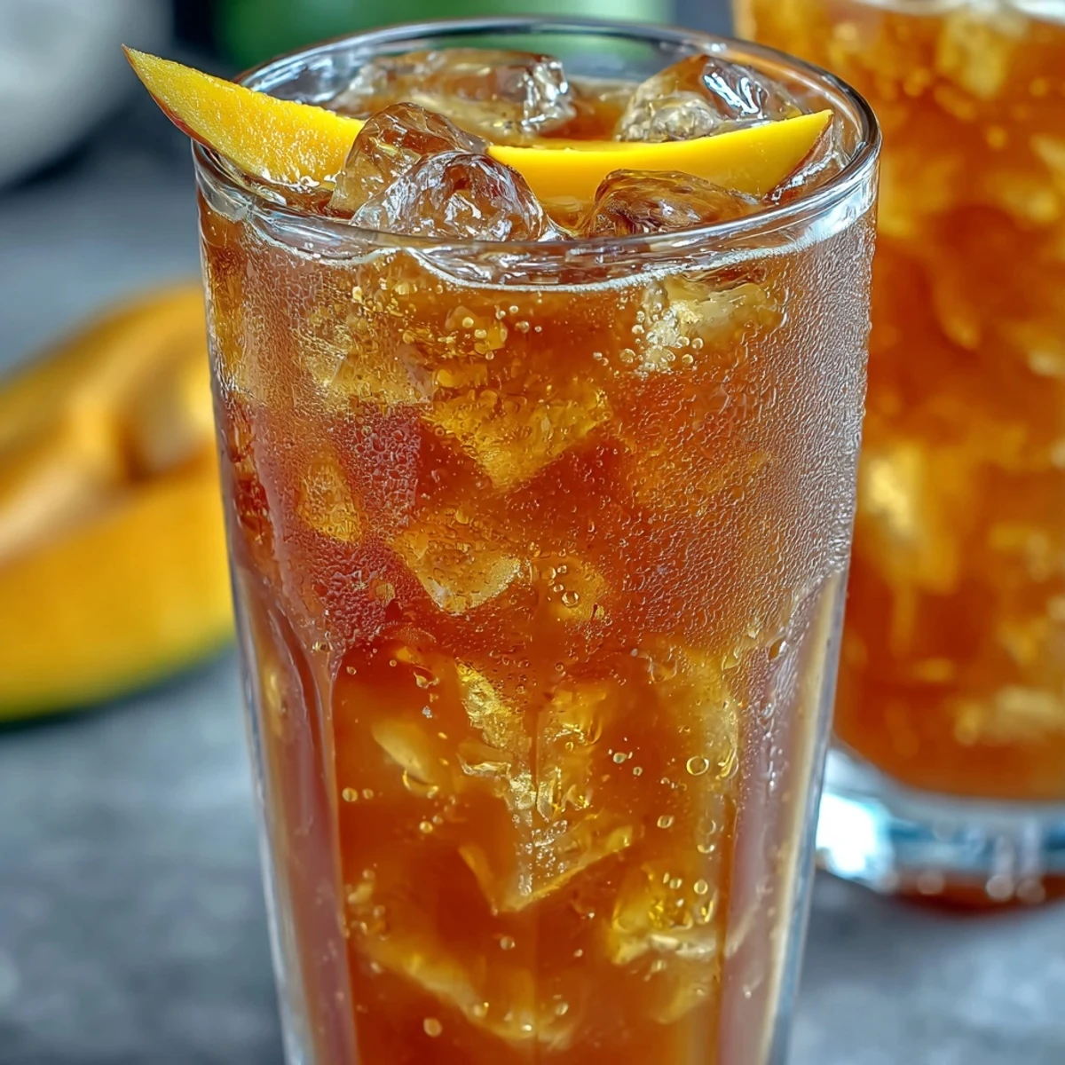 Cold mango iced tea in a mason jar, topped with ice and a slice of ripe mango for a summer treat.