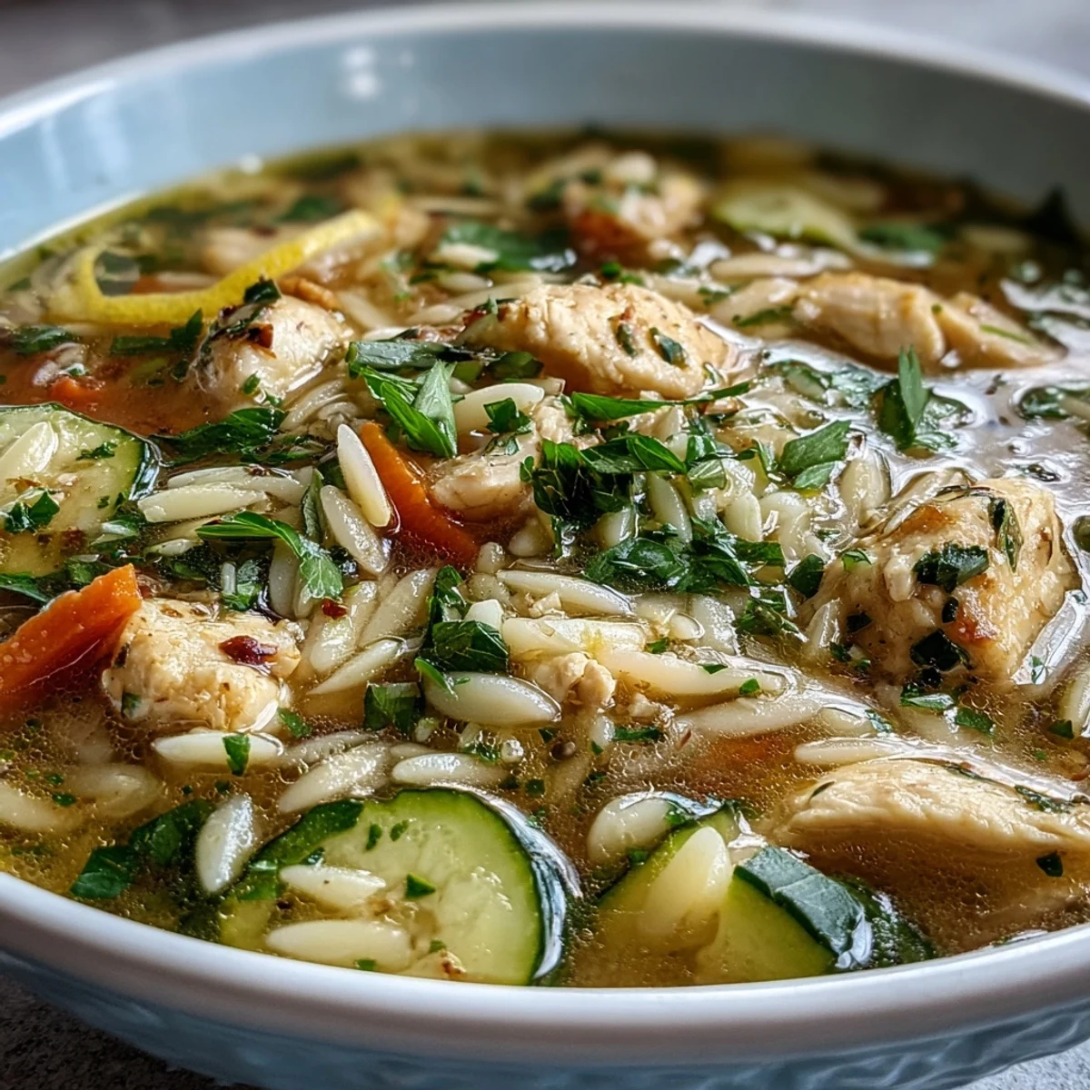 Hearty one-pot lemon chicken and zucchini orzo soup with tender chicken, fresh zucchini, and bright citrus notes in every spoonful.  