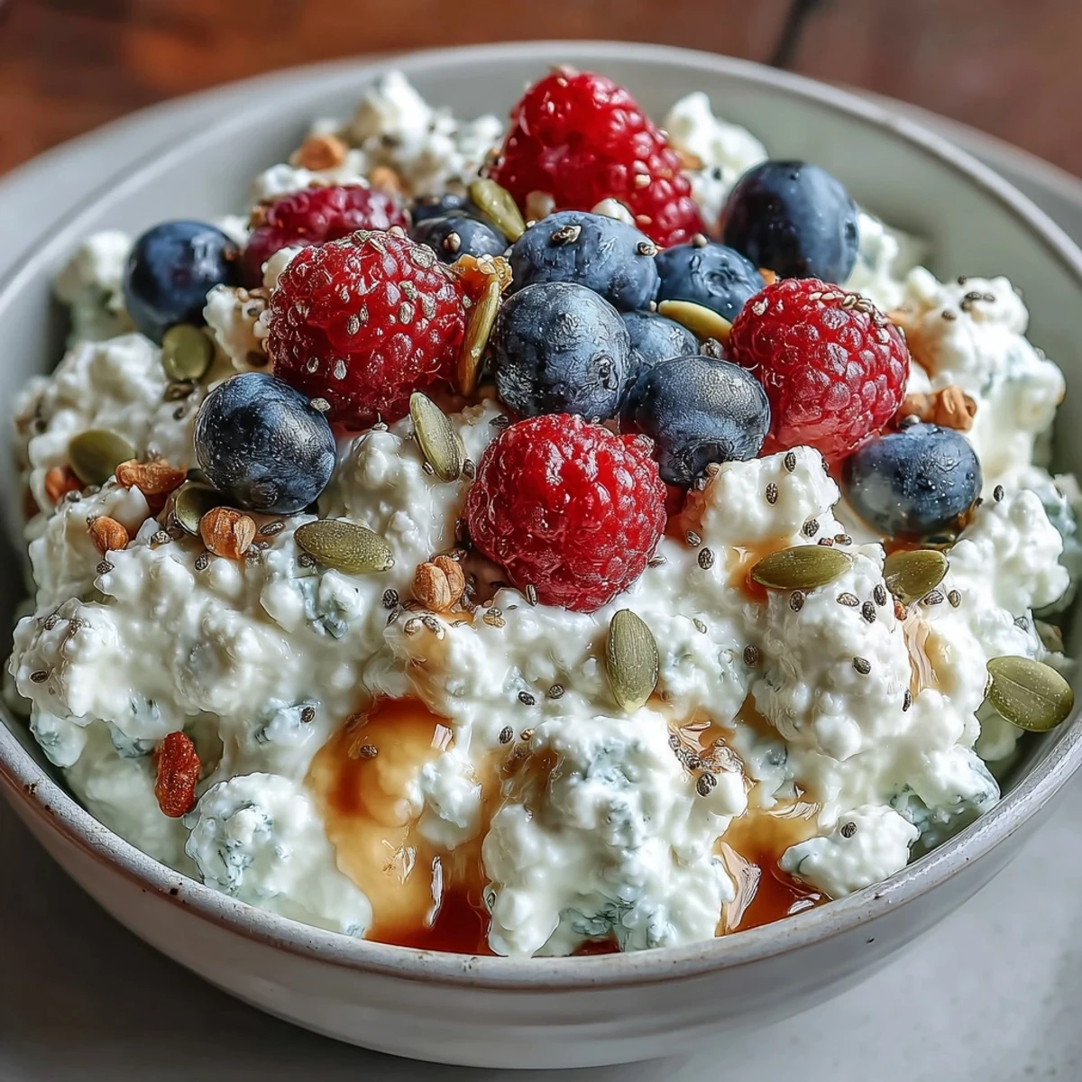 Vibrant fresh berries and creamy cottage cheese create a quick, satisfying bowl with a satisfying crunch from mixed seeds.
