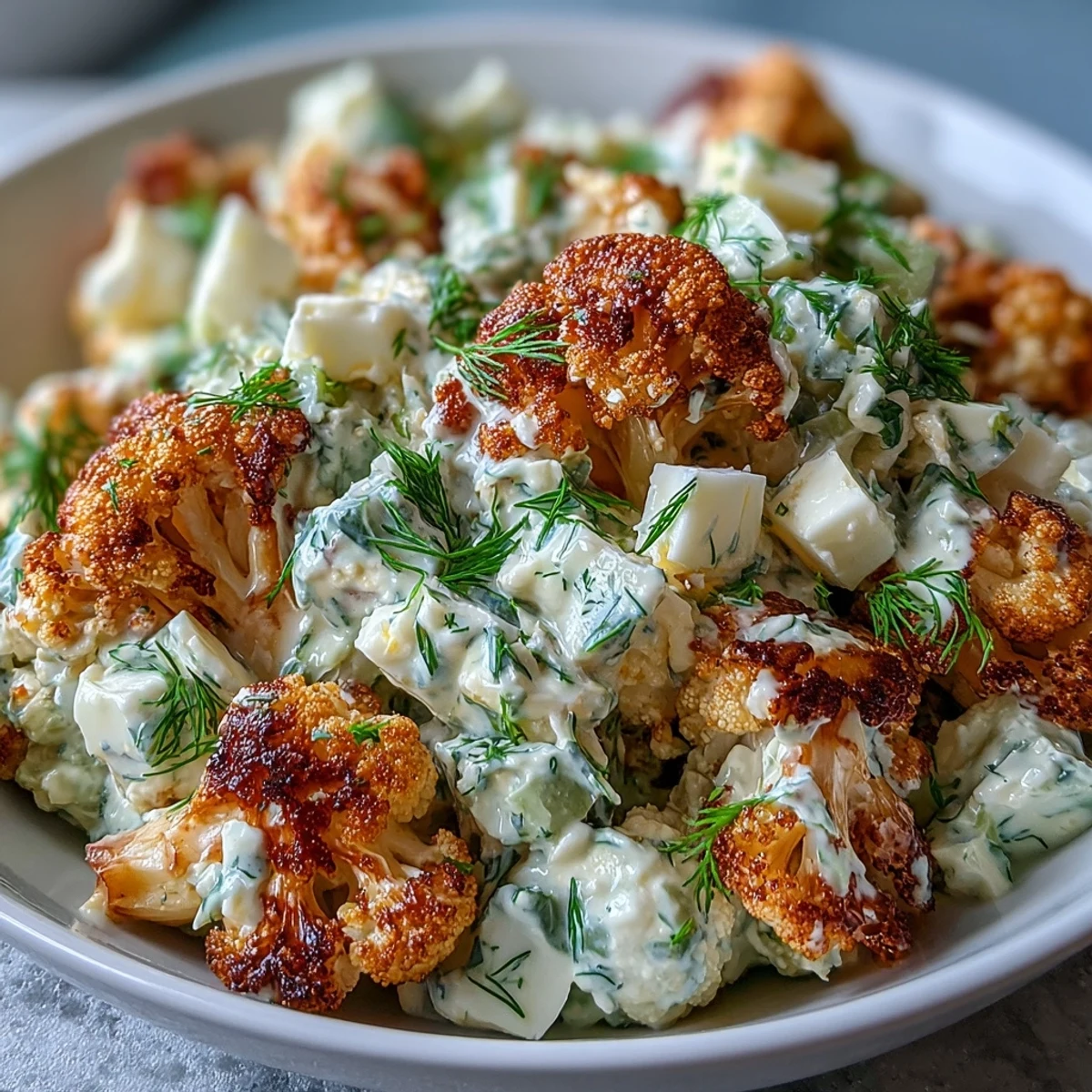 Creamy keto cauliflower potato salad with dill pickles and hard-boiled eggs, perfect for low-carb summer meals.  